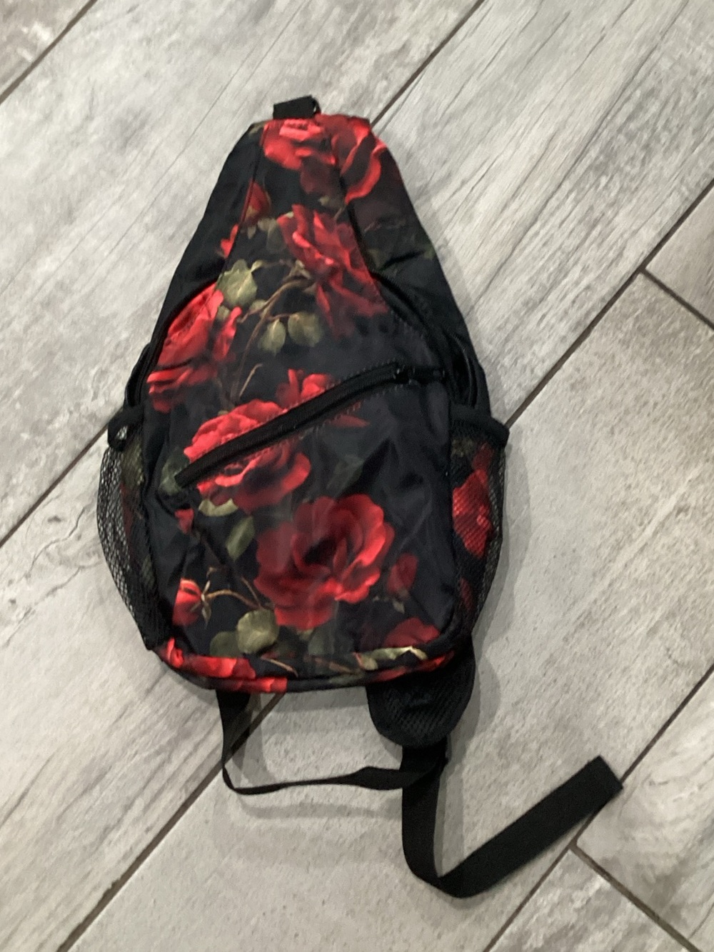 Source Unknown Black Sling Backpack with Red Rose Print